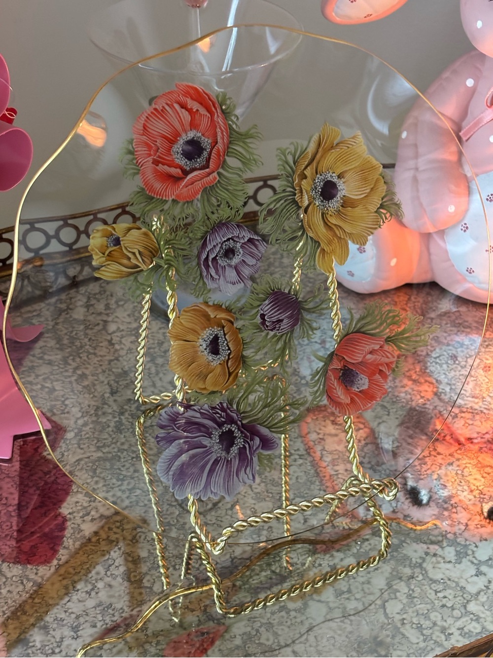 Clear Glass Plate Painted Flowers with Gold Wavy Rim 70s retro vintage kitschy